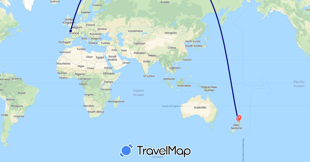 TravelMap itinerary: driving, hiking in France, New Zealand (Europe, Oceania)